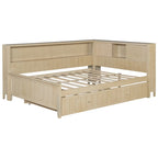 Antique White L-Shaped Full Daybed with Storage Shelves, Sliding Door Compartments & Hidden Trundle