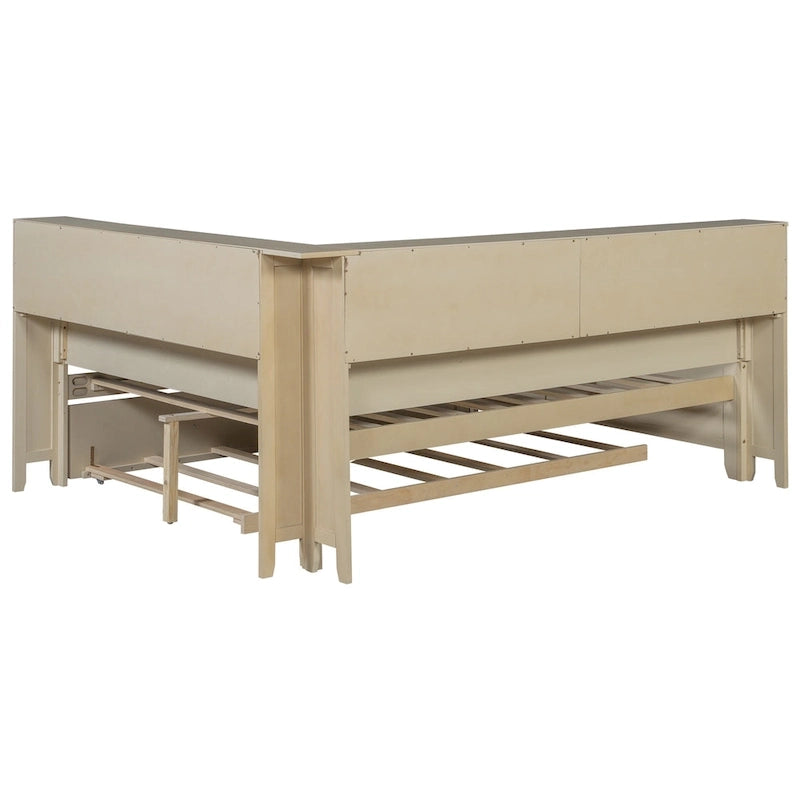 Antique White L-Shaped Full Daybed with Storage Shelves, Sliding Door Compartments & Hidden Trundle