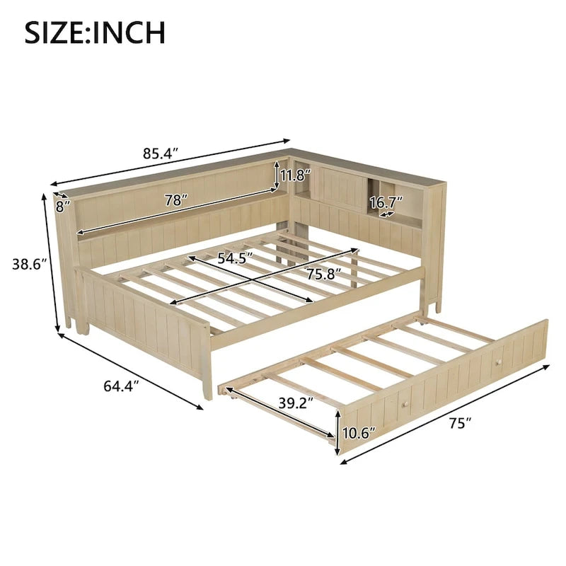 Antique White L-Shaped Full Daybed with Storage Shelves, Sliding Door Compartments & Hidden Trundle