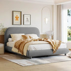 Curve Shaped Headboard Bed Frame, Teddy Fleece Upholstered Platform Bed with Thick Fabric, Wood Low Profile Bed Panel Bed