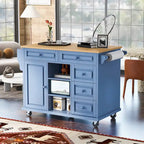 Kitchen Cart With Rubber Wood Desktop Rolling Mobile Kitchen Island With Storage And 5 Draws 53 Inch Length(no include stool)