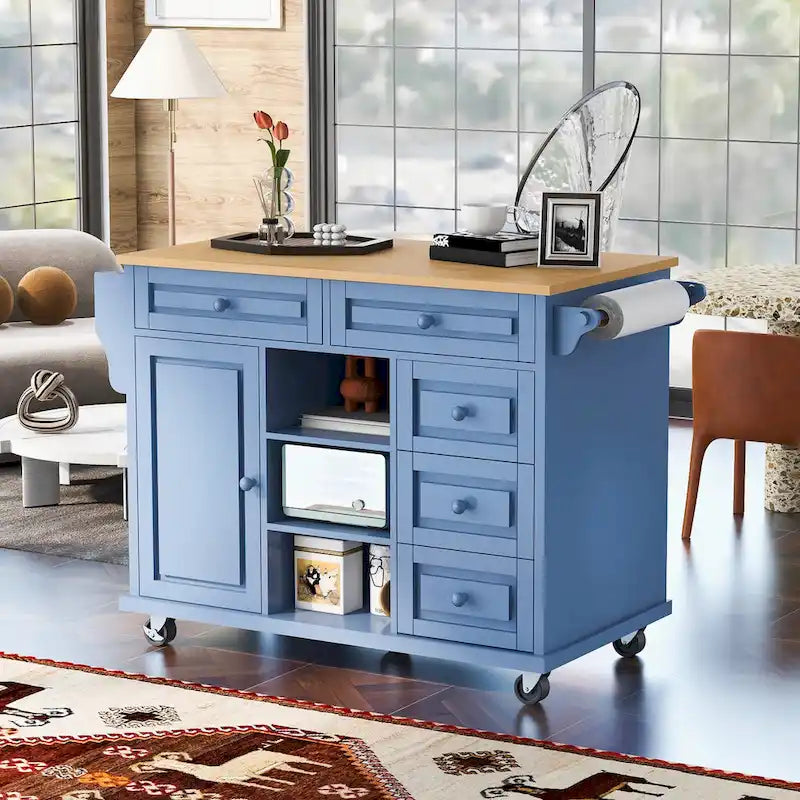 Kitchen Cart With Rubber Wood Desktop Rolling Mobile Kitchen Island With Storage And 5 Draws 53 Inch Length(no include stool)