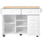 Kitchen Cart With Rubber Wood Desktop Rolling Mobile Kitchen Island With Storage And 5 Draws 53 Inch Length(no include stool)
