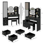 Full Body Mirror Cabinet + Round Mirror LED Vanity Table + Cushioned Stool