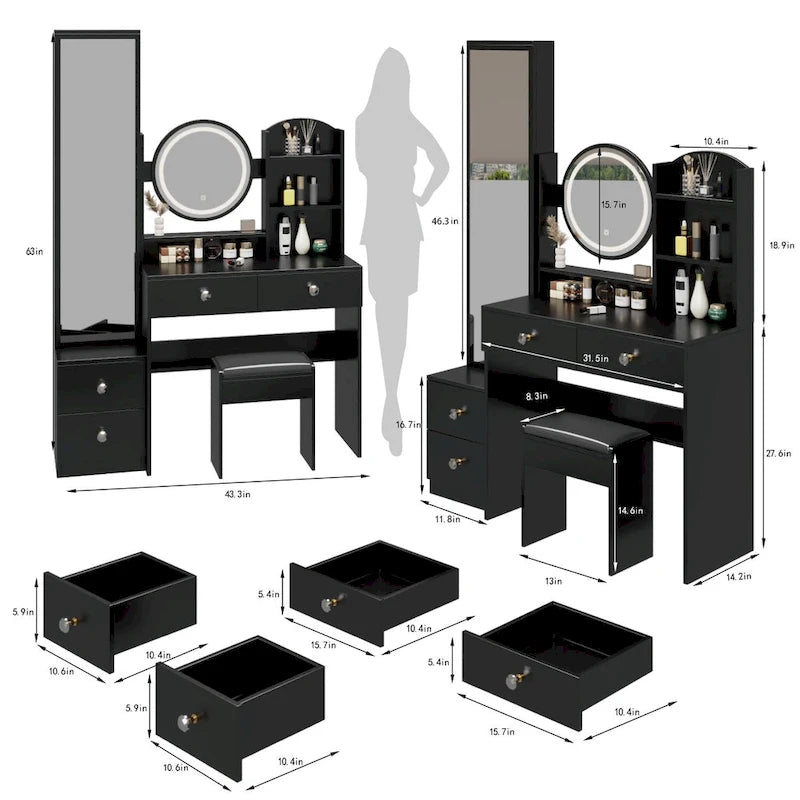 Full Body Mirror Cabinet + Round Mirror LED Vanity Table + Cushioned Stool