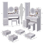 Full Body Mirror Cabinet + Round Mirror LED Vanity Table + Cushioned Stool