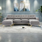 110.6 Velvet L-Shaped Sectional Sofa with Movable Ottoman and Storage Pockets