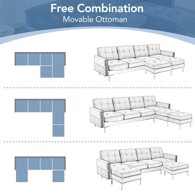 110.6 Velvet L-Shaped Sectional Sofa with Movable Ottoman and Storage Pockets