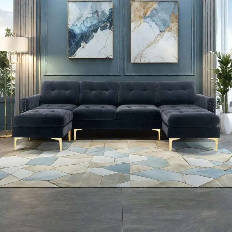 110.6 Velvet L-Shaped Sectional Sofa with Movable Ottoman and Storage Pockets