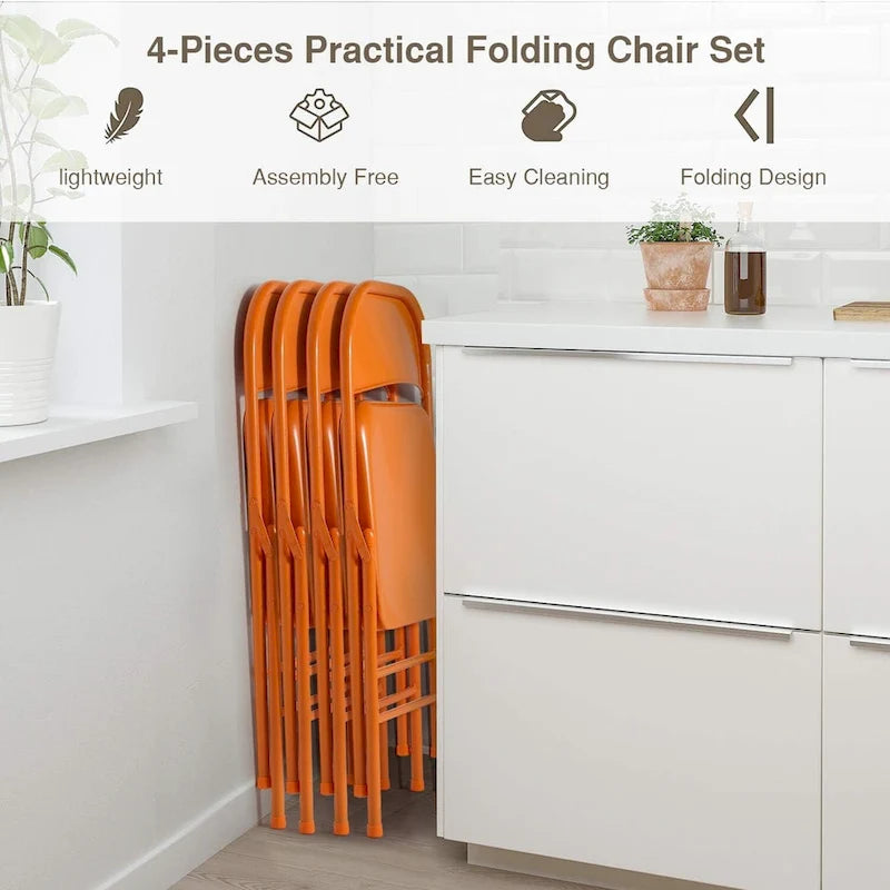 VECELO Folding Chairs Set of 4 Metal Frame Steel Seat with Triple Braced
