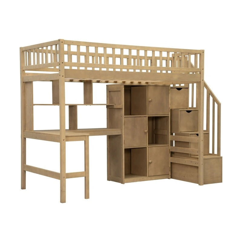 Twin Size Loft Bed with Bulit-in Desk, LED Light and Storage Staircase, Wooden Loft Bedframe with Storage Shelves and Cabinets