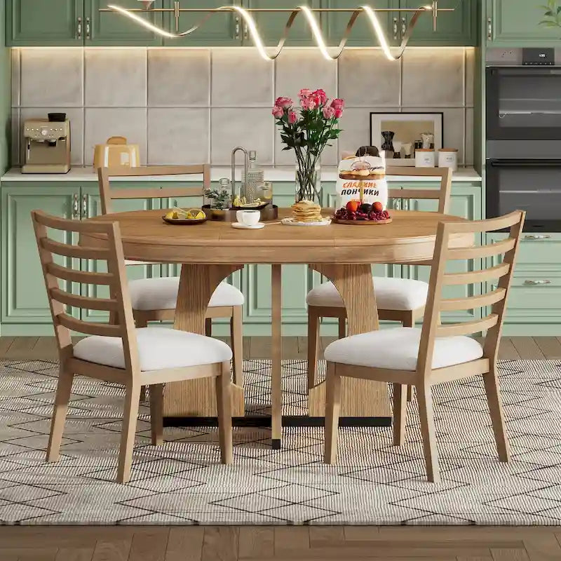5-Piece Rustic Functional Dining Set, 1 Extendable Table with a 16-inch Leaf and 4 Upholstered Chairs