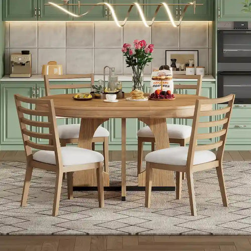 5-Piece Rustic Functional Dining Set, 1 Extendable Table with a 16-inch Leaf and 4 Upholstered Chairs
