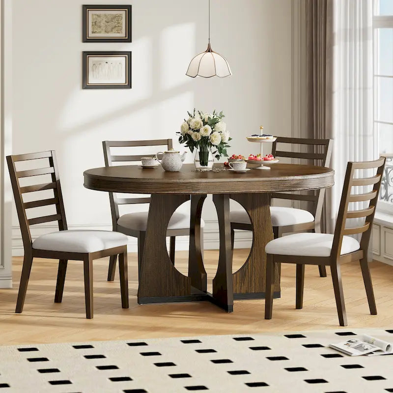 5-Piece Rustic Functional Dining Set, 1 Extendable Table with a 16-inch Leaf and 4 Upholstered Chairs