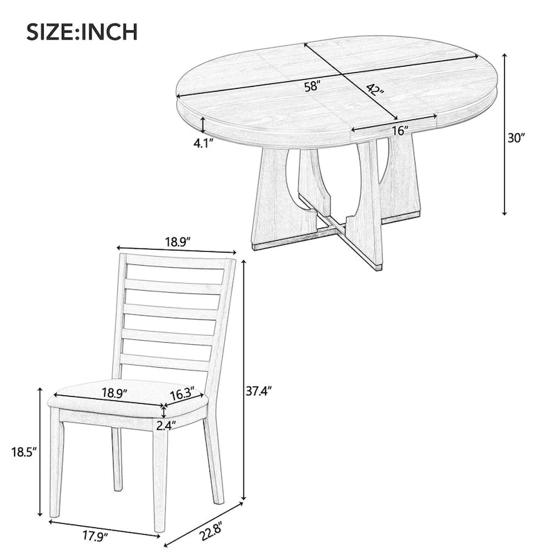 5-Piece Rustic Functional Dining Set, 1 Extendable Table with a 16-inch Leaf and 4 Upholstered Chairs