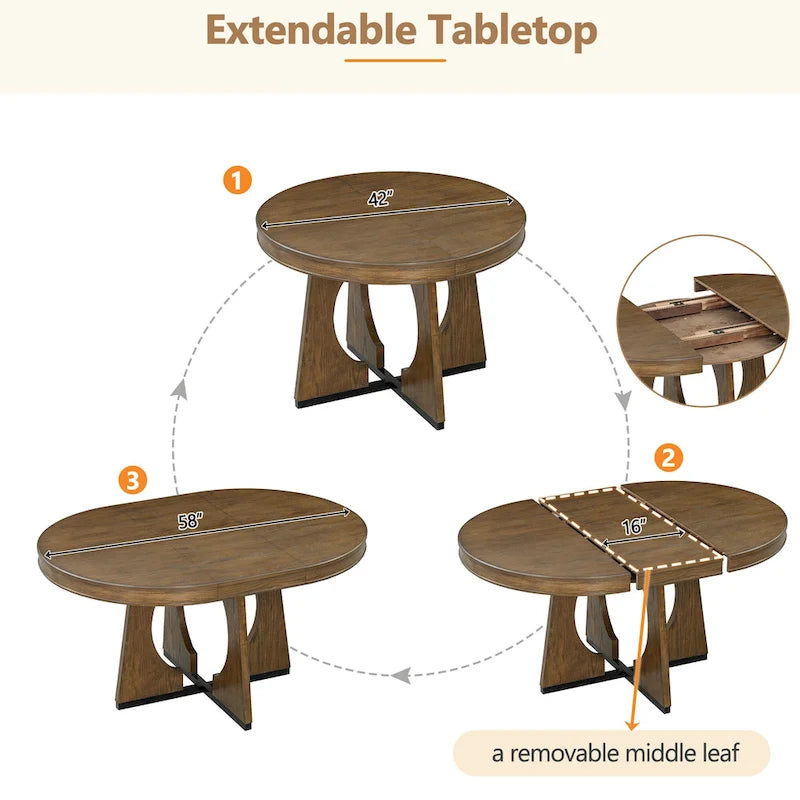 5-Piece Rustic Functional Dining Set, 1 Extendable Table with a 16-inch Leaf and 4 Upholstered Chairs
