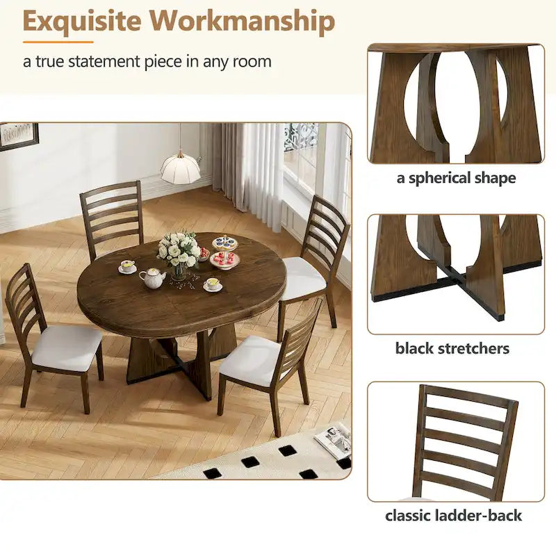 5-Piece Rustic Functional Dining Set, 1 Extendable Table with a 16-inch Leaf and 4 Upholstered Chairs