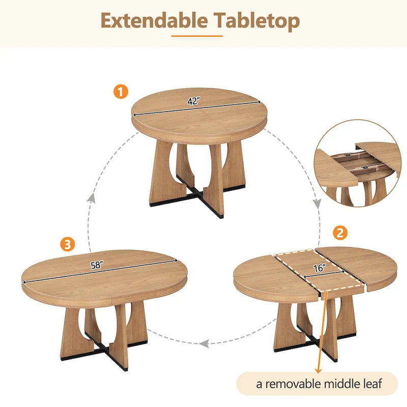 5-Piece Rustic Functional Dining Set, 1 Extendable Table with a 16-inch Leaf and 4 Upholstered Chairs