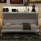 Twin XL Size Murphy Bed with Desk & LED Light, Solid Wood Bed Frame with USB Charging Station, for Small Spaces and Home Offices