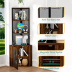 Corner Shelf with Doors, 65 Corner Cabinet with Shelves & Wine Glass Rack, 6 Tier Bookshelf Display Corner Shelves