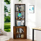 Corner Shelf with Doors, 65 Corner Cabinet with Shelves & Wine Glass Rack, 6 Tier Bookshelf Display Corner Shelves