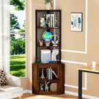 Corner Shelf with Doors, 65 Corner Cabinet with Shelves & Wine Glass Rack, 6 Tier Bookshelf Display Corner Shelves