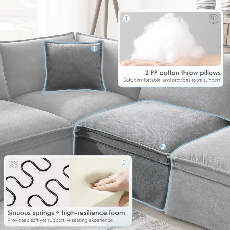 L Shaped Modular Sectional Chenille Sofa with Movable Ottoman