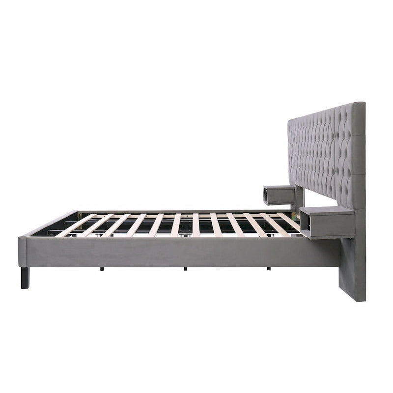 Low-Profile Platform Bed, Modern Velvet Upholstered Bed, Diamond Tufted Headboard Wingback Bed with 2 Nightstands Storage Bed