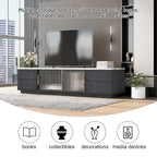 Glass Doors TV Stand for 70 TV, Media Console with 4 Drawers Floor Wood TV Media Center Table with Large Storage Cabinet