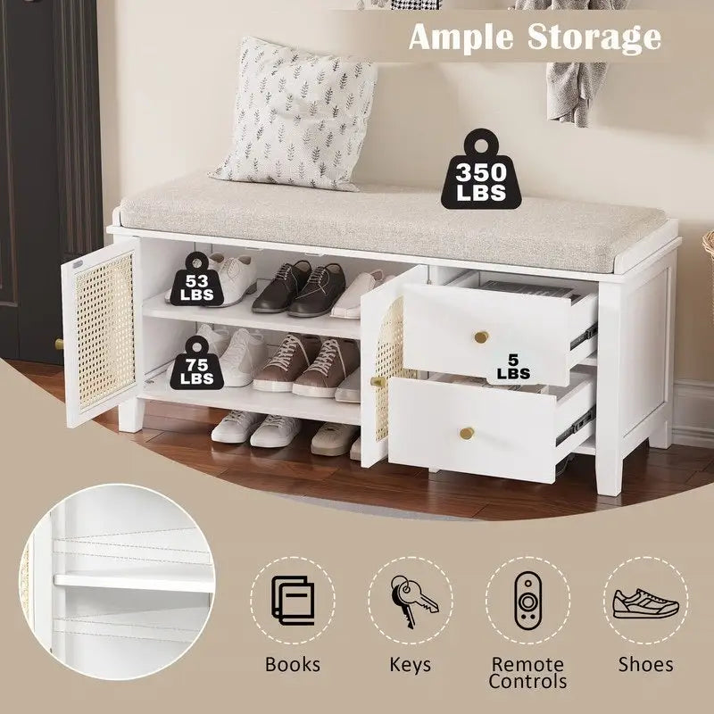 Retro Shoe Storage Bench with Drawers and Cushion for Entryway or Living Room Organization
