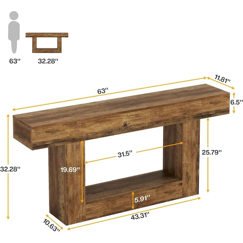 Farmhouse 2 Tiers Entryway Table, 63 Inches Console Table, Narrow Sofa Table