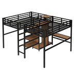Twin Over Twin Metal Loft Bed with Double Desk and Wardrobe and Shelves with Electrical Outlet for Space Saving
