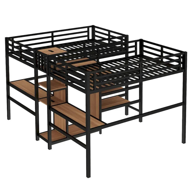 Twin Over Twin Metal Loft Bed with Double Desk and Wardrobe and Shelves with Electrical Outlet for Space Saving