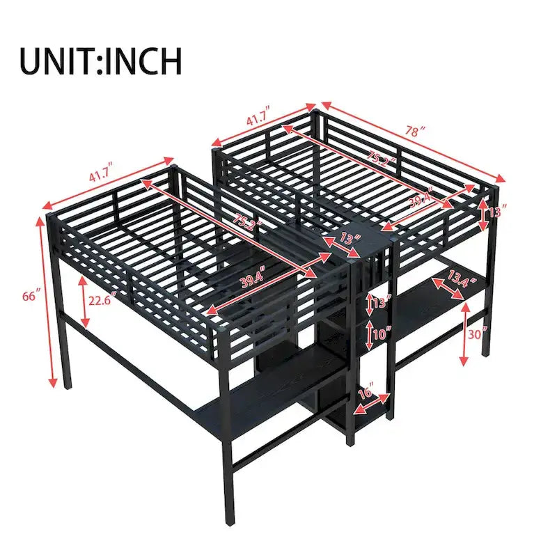 Twin Over Twin Metal Loft Bed with Double Desk and Wardrobe and Shelves with Electrical Outlet for Space Saving