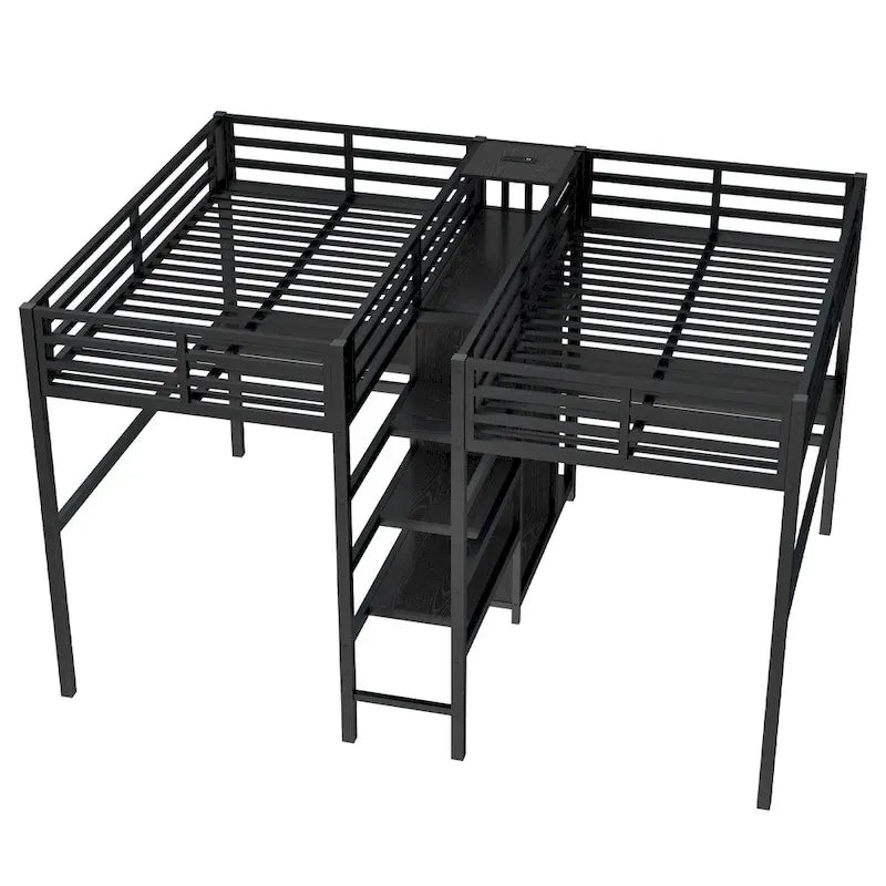 Twin Over Twin Metal Loft Bed with Double Desk and Wardrobe and Shelves with Electrical Outlet for Space Saving