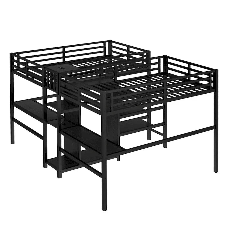 Twin Over Twin Metal Loft Bed with Double Desk and Wardrobe and Shelves with Electrical Outlet for Space Saving