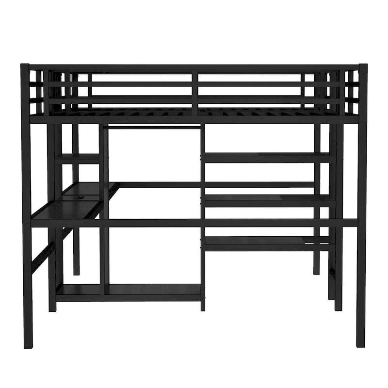 Twin Over Twin Metal Loft Bed with Double Desk and Wardrobe and Shelves with Electrical Outlet for Space Saving