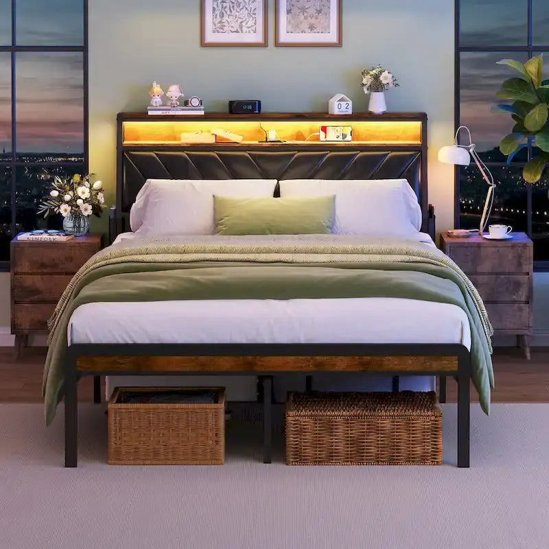 Queen Size Platform Bed with Tilted Headboard and LED