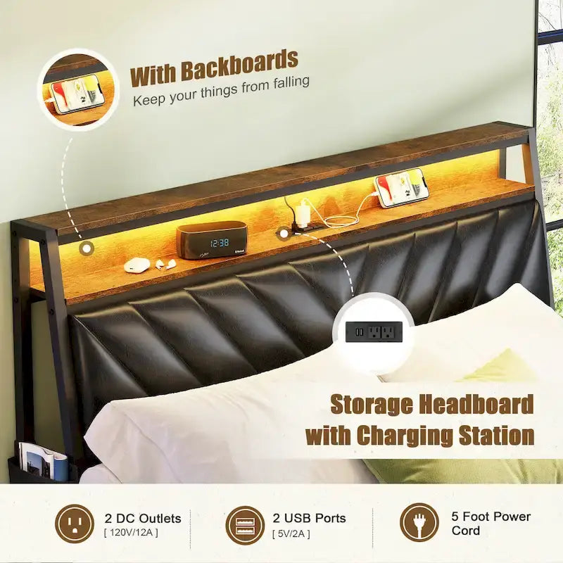 Queen Size Platform Bed with Tilted Headboard and LED