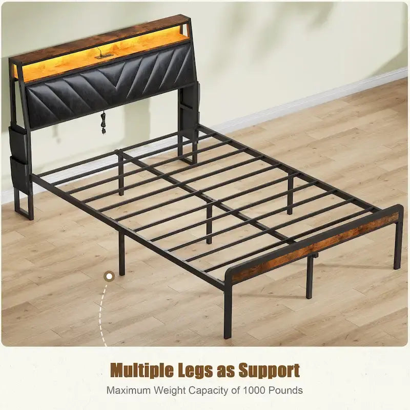 Queen Size Platform Bed with Tilted Headboard and LED