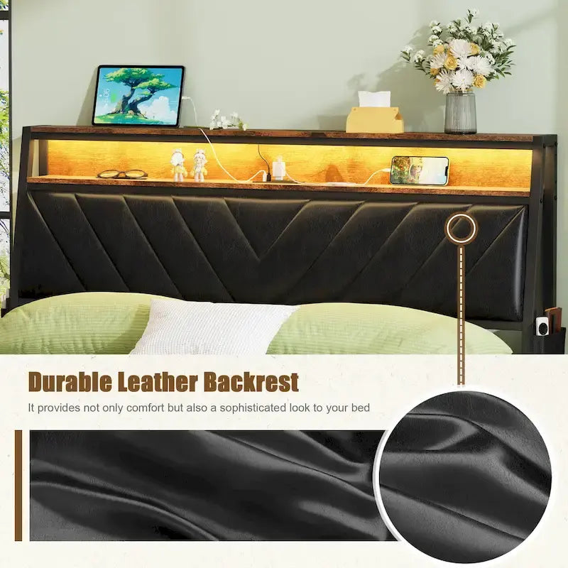 Queen Size Platform Bed with Tilted Headboard and LED