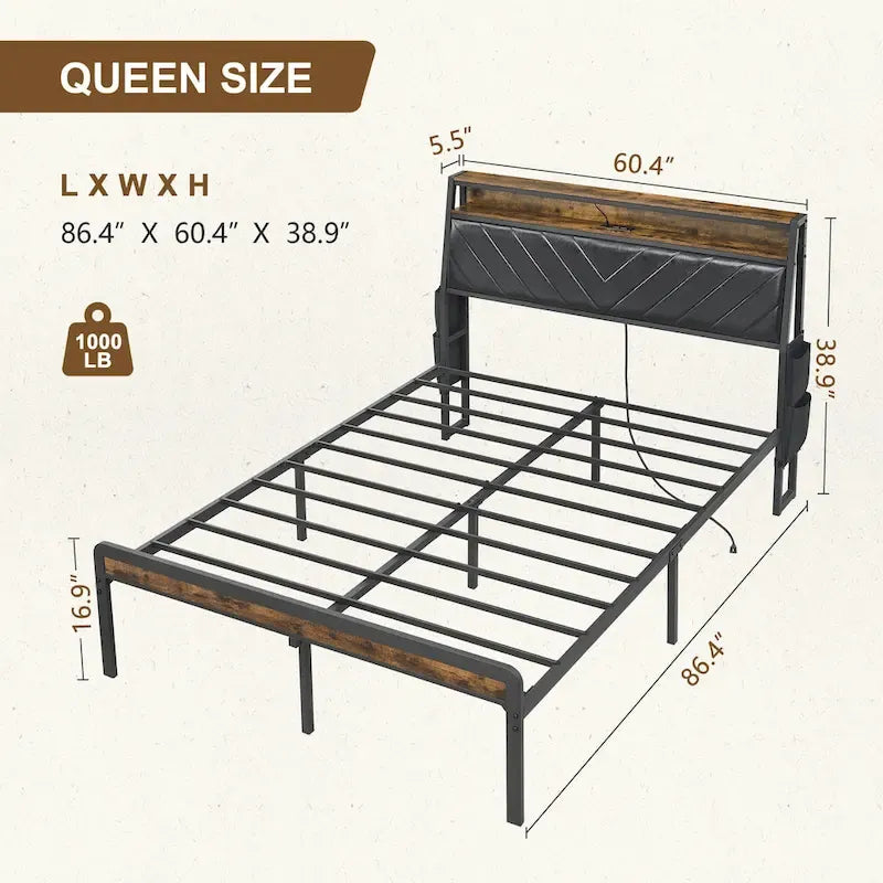 Queen Size Platform Bed with Tilted Headboard and LED