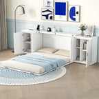 White Queen Size Murphy Bed with Shelves, Cabinets, USB Ports