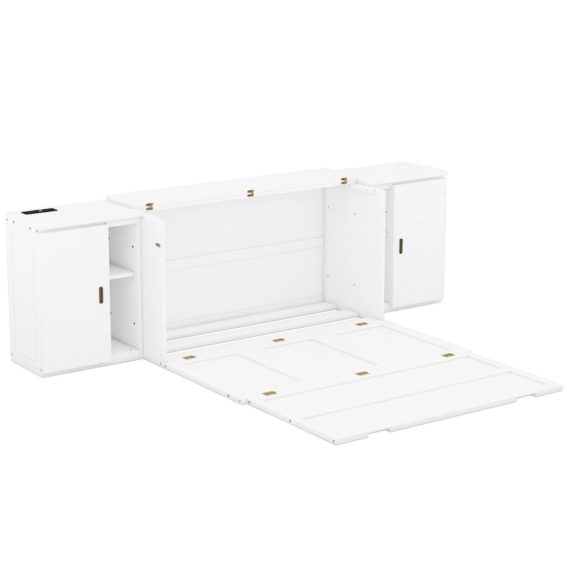 White Queen Size Murphy Bed with Shelves, Cabinets, USB Ports
