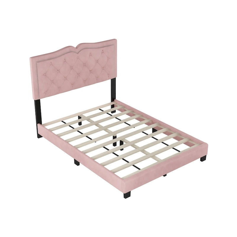 Pink Full Size Modern Velvet Upholstered Platform Bed with Plush Velvet Tufted Headboard for Bedroom