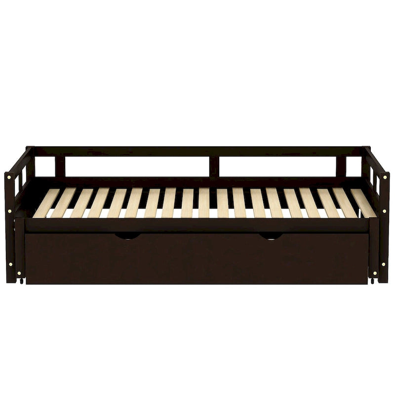 Black Extendable Twin Pine Daybed with Trundle - Sturdy Frame and Slat Kit Included