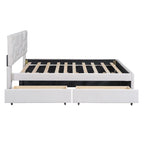 Beige Full Size Linen Platform Bed with Brick Pattern Headboard, Trundle, and Storage Drawers