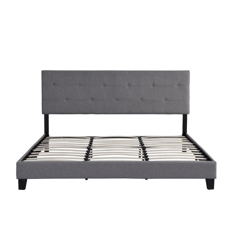 Grey King Linen Bed with Tufted Headboard