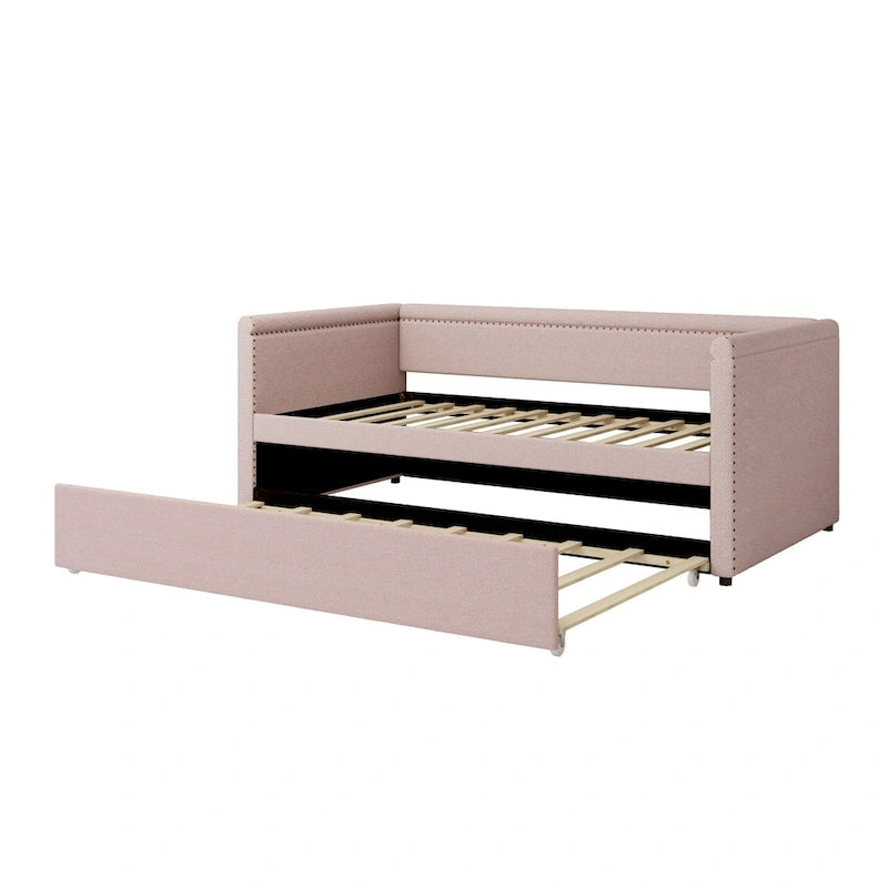Twin Size Upholstered Daybed with Trundle Modern Linen Fabric, No Box Spring Needed