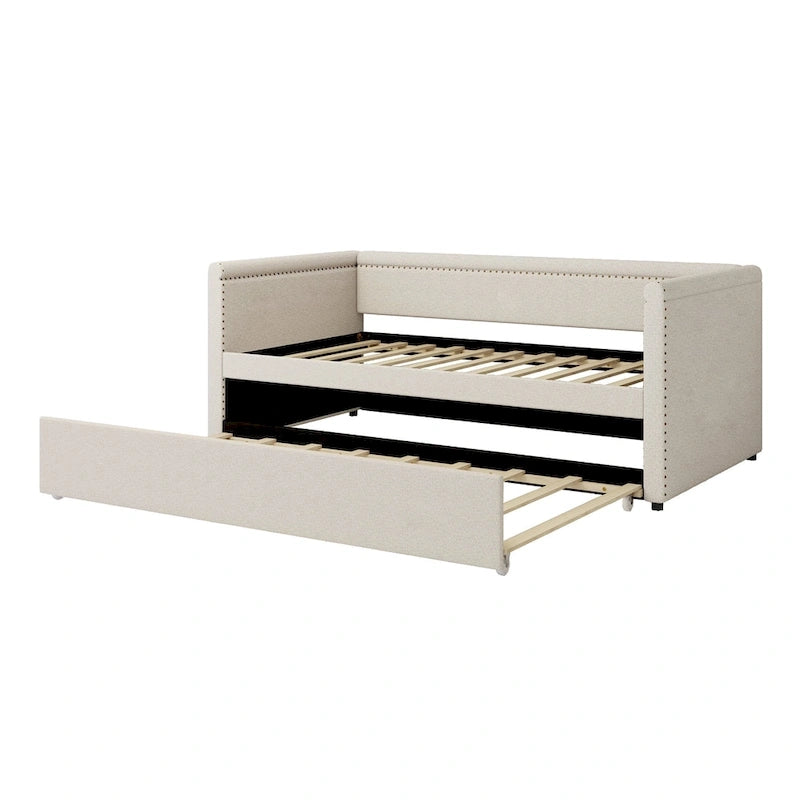 Twin Size Upholstered Daybed with Trundle Modern Linen Fabric, No Box Spring Needed